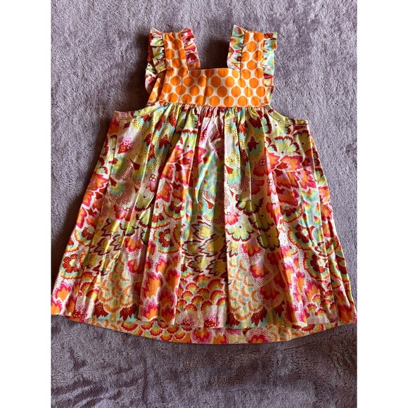 Peaches n Cream Girls Floral Polka Dot Ruffle Tunic Dress Orange Yellow 25-1405 - Picture 3 of 3